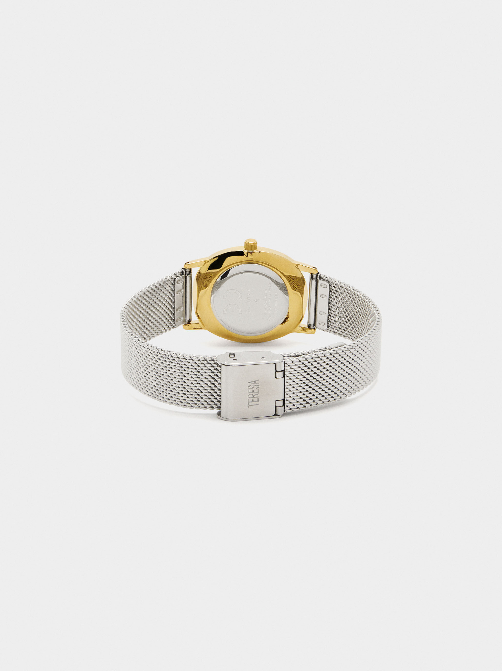 Reloj bicolor oval con correa metálica de acero inoxidable